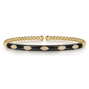 14K Yellow Gold  Black Enamel Bujukan Beads and Diamond Split Bangle
