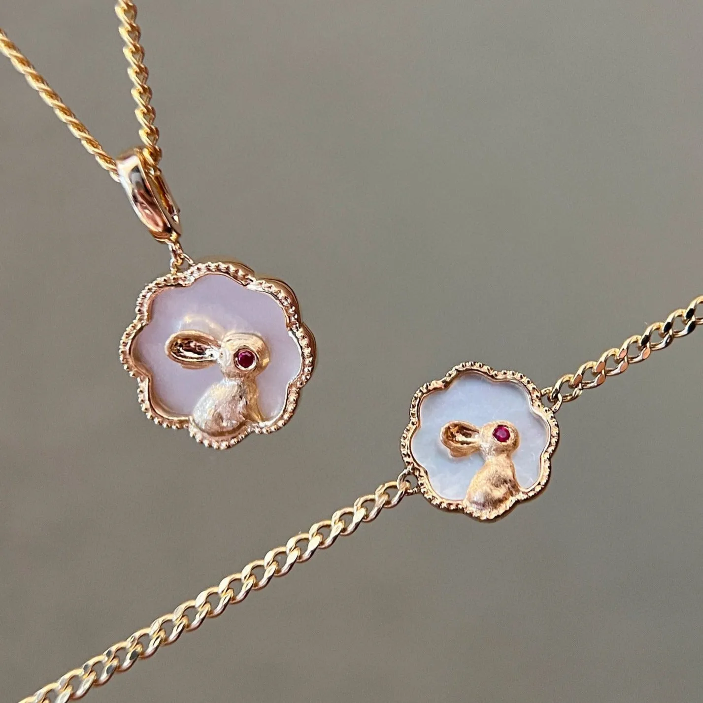 18K Solid Gold Ruby Pendant, Bracelet / Rabbit Pendant , Bracelet