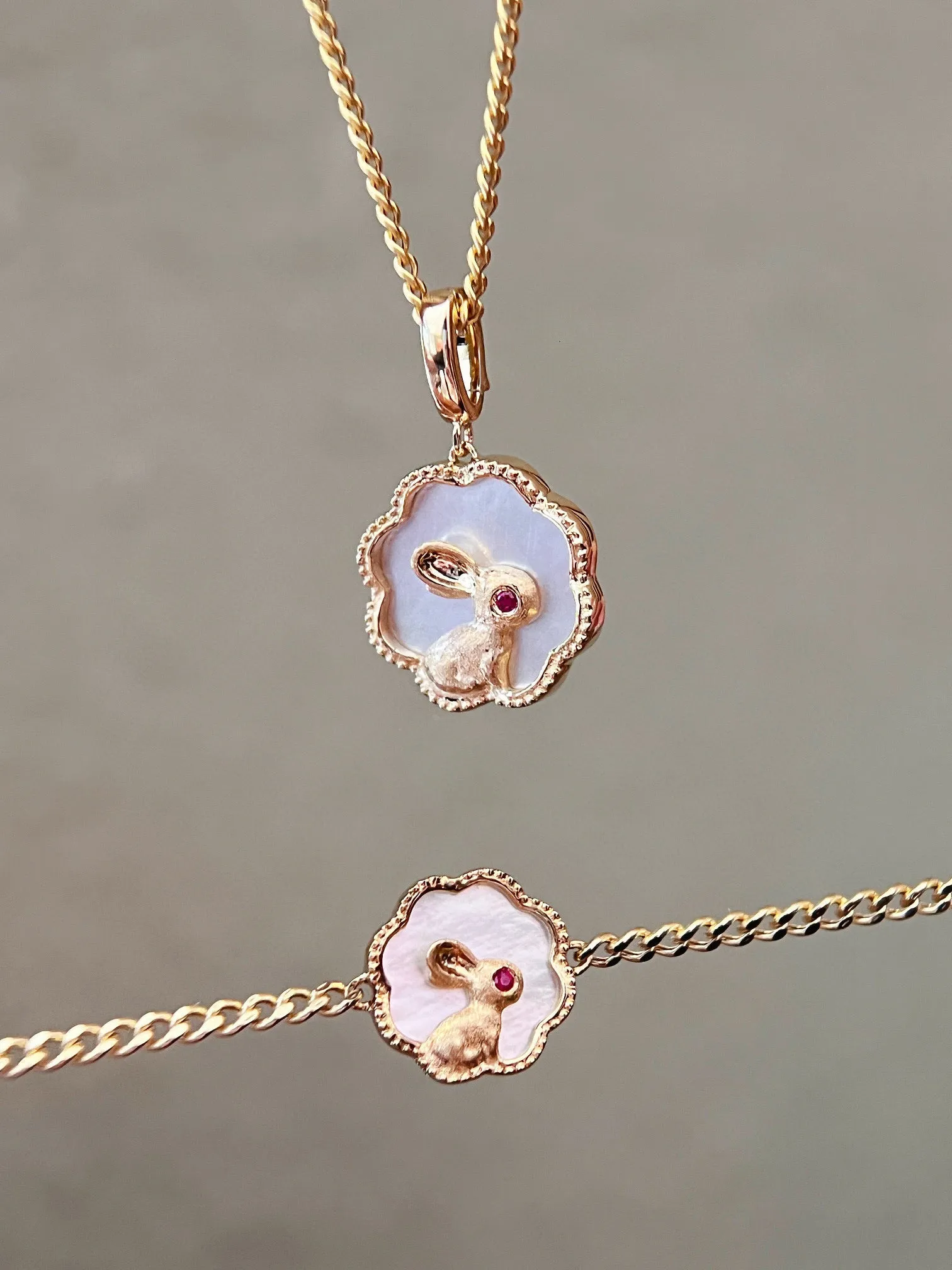 18K Solid Gold Ruby Pendant, Bracelet / Rabbit Pendant , Bracelet