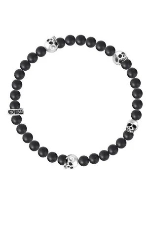 6mm Onyx Bead Bracelet w/ 4 Skulls