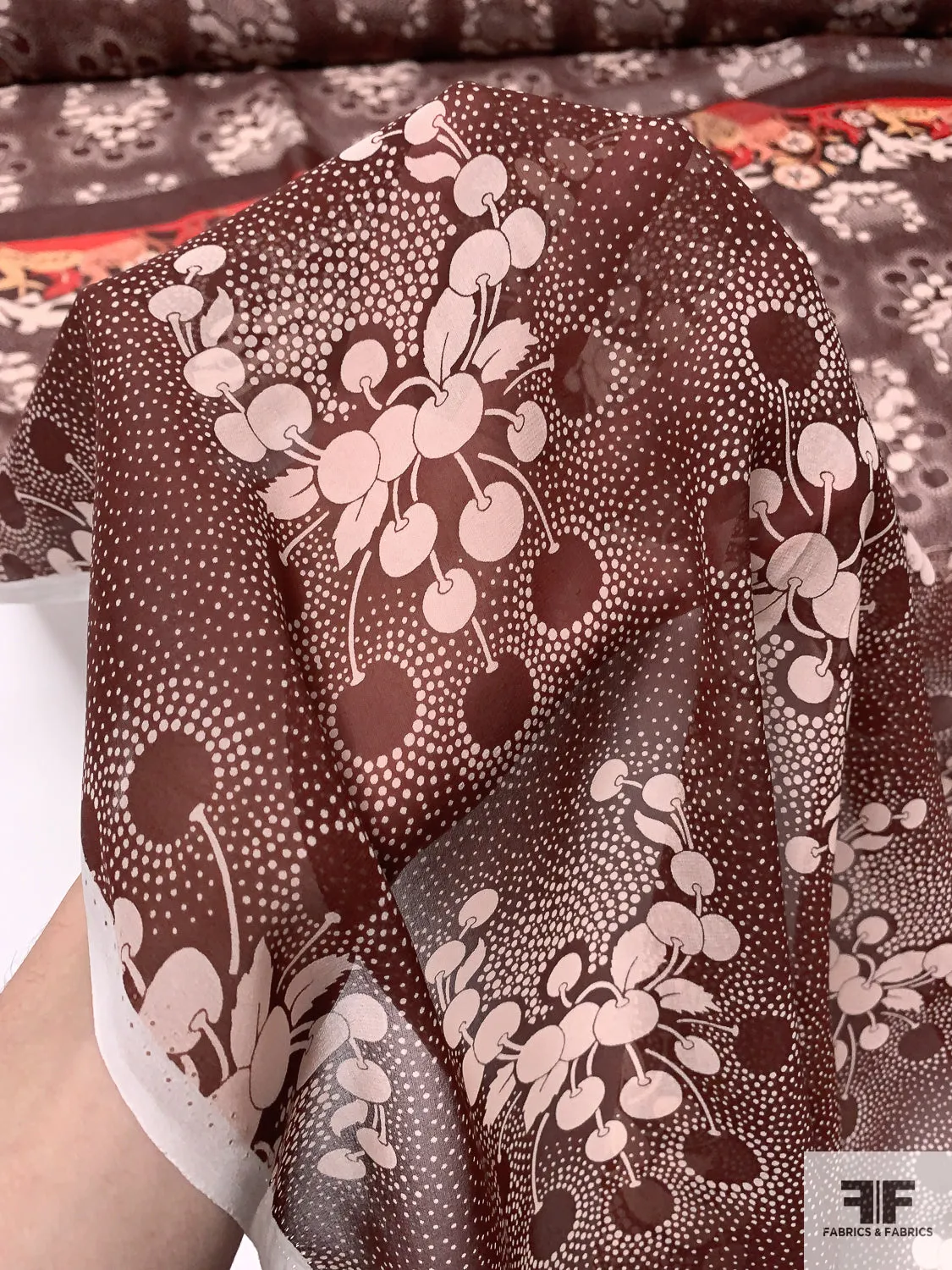 Anna Sui Birds Deer and Cherry Wreath Printed Silk Chiffon Panel - Purple-Brown / Light Blush / Deep Coral