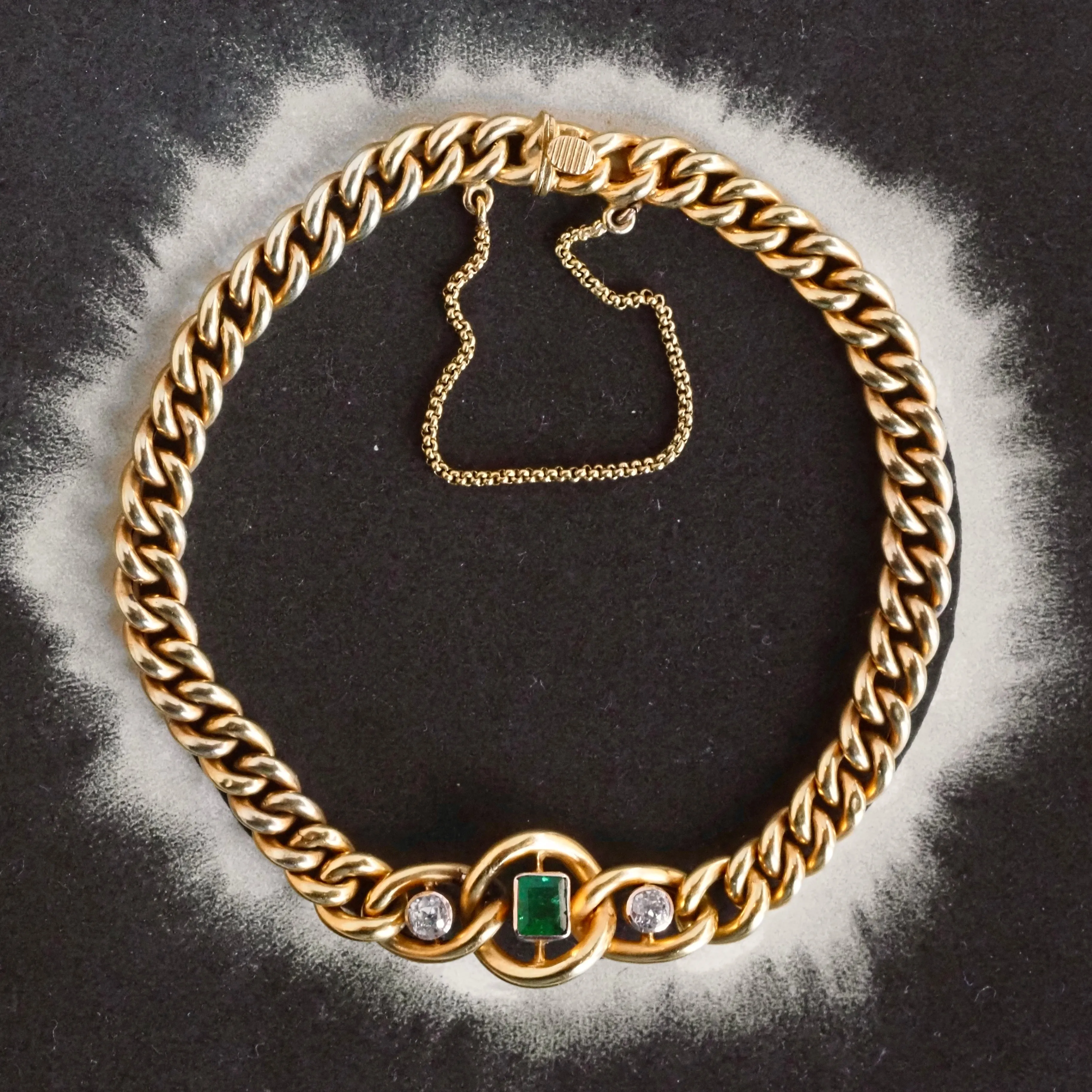 Antique Emerald and Diamond 14k Gold Bloomed Curb Chain Bracelet