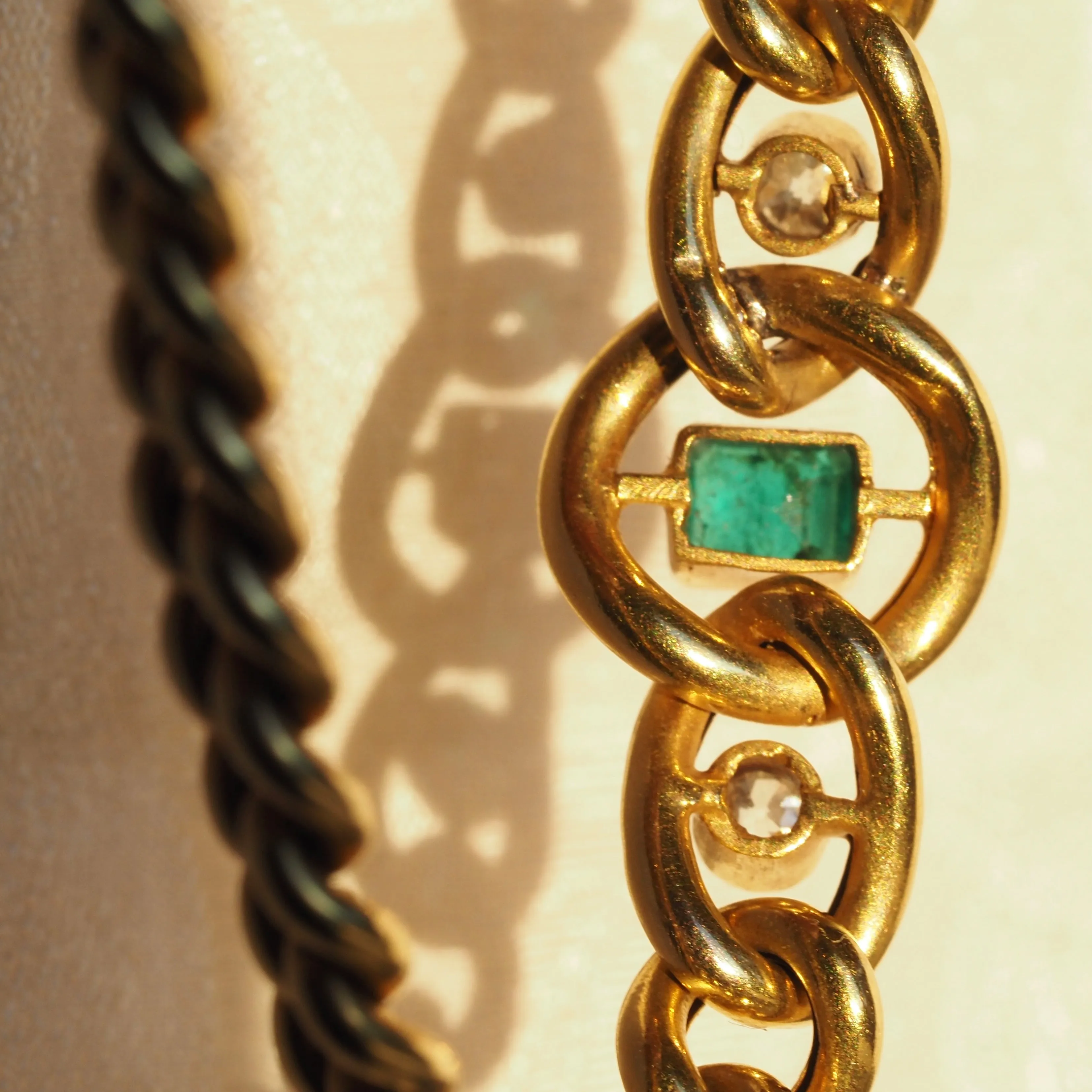 Antique Emerald and Diamond 14k Gold Bloomed Curb Chain Bracelet