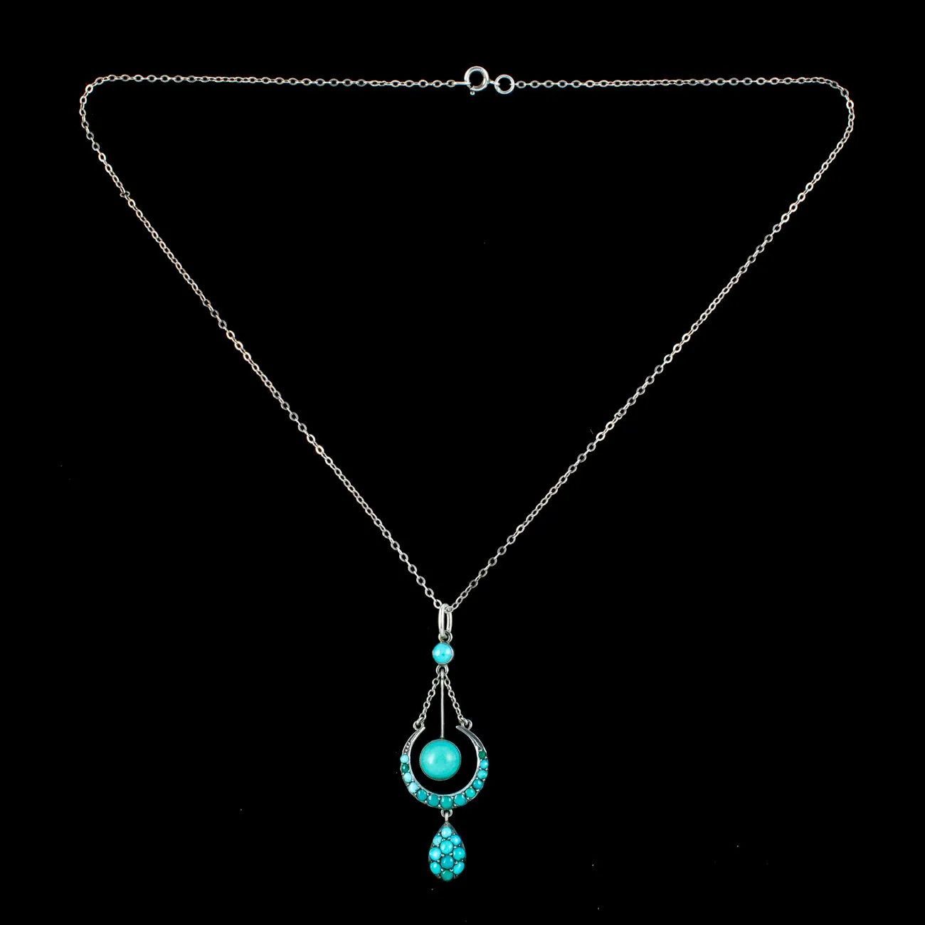 Antique Victorian Turquoise Crescent Pendant Necklace Silver