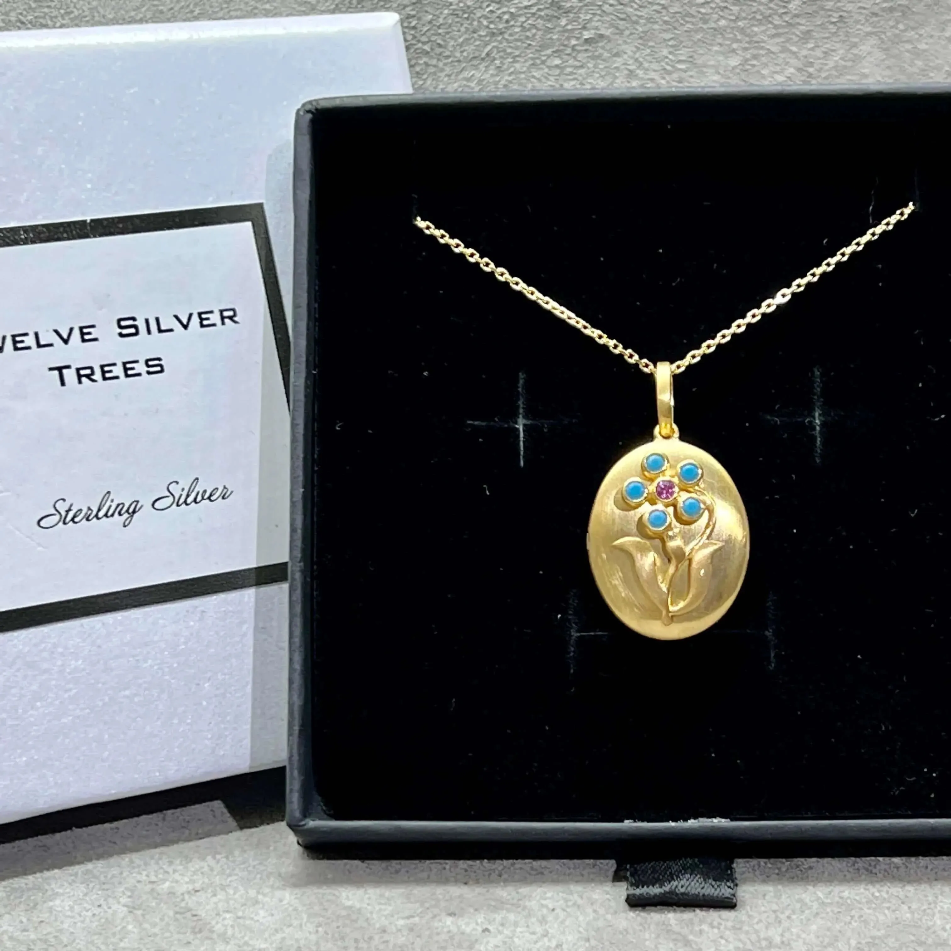 Arts & Crafts Style Forget Me Not Flower Locket With 18 ct Gold & Turquoise in Sterling Silver