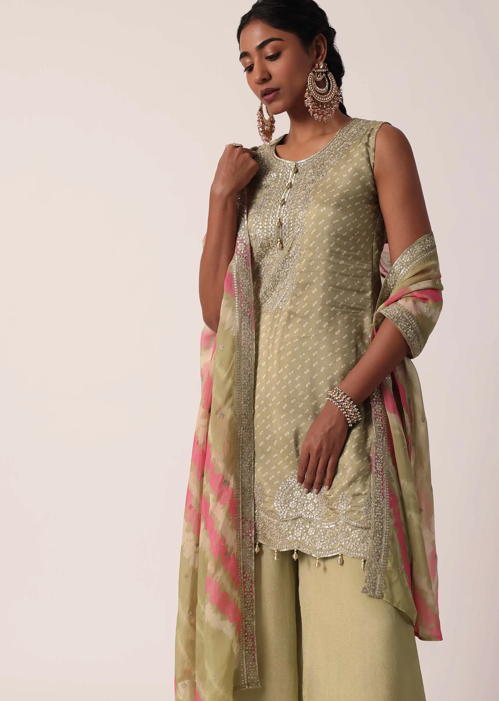 Beige Silk Palazzo Set With Leheriya Dupatta