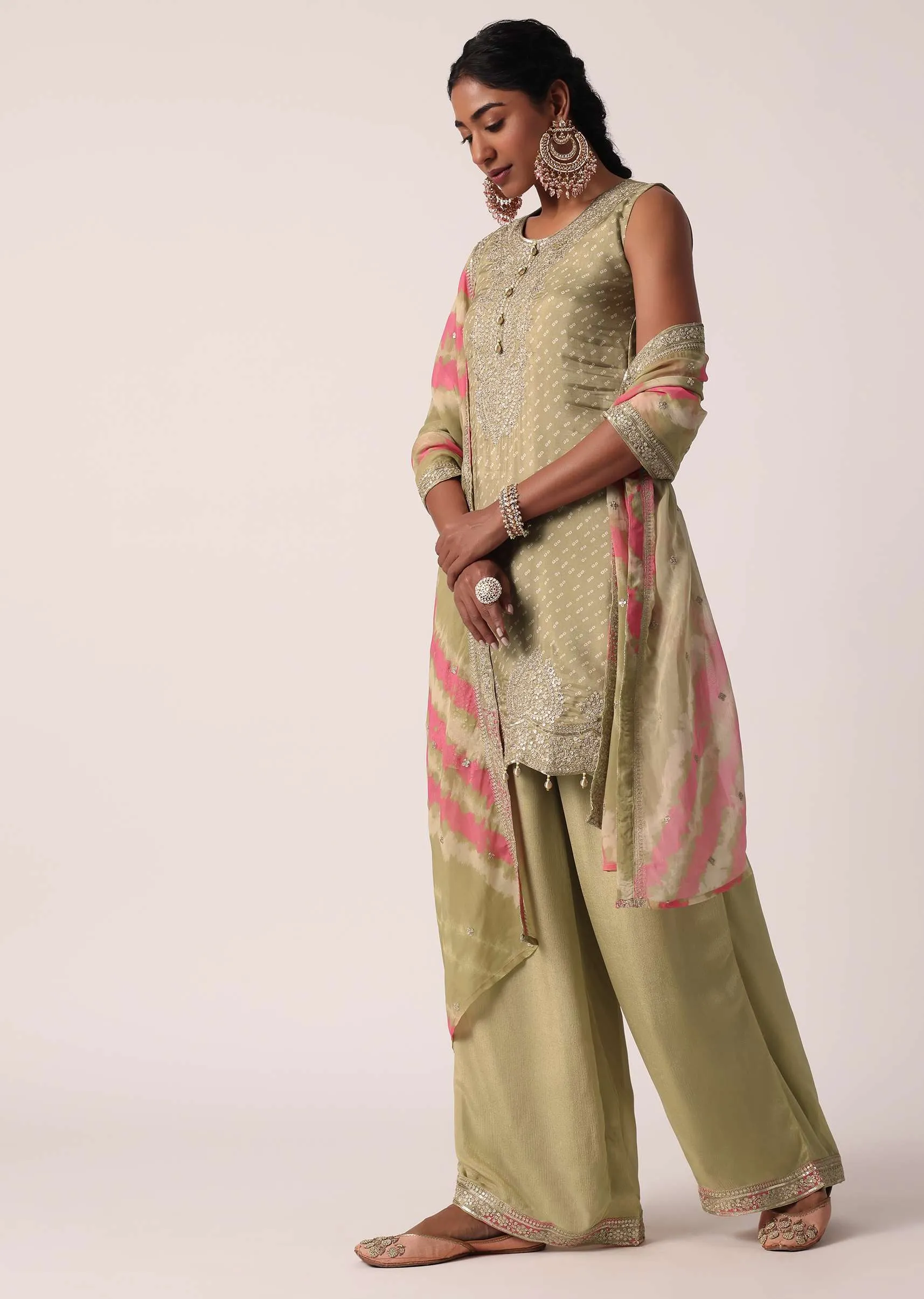 Beige Silk Palazzo Set With Leheriya Dupatta
