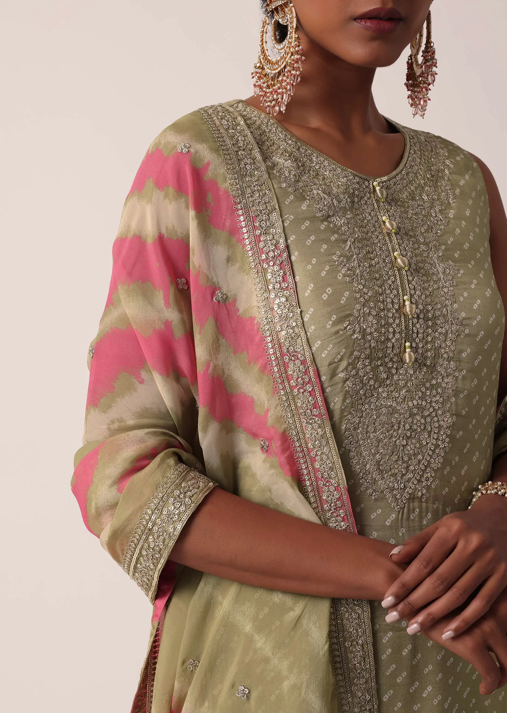 Beige Silk Palazzo Set With Leheriya Dupatta
