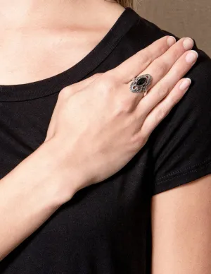 Black Onyx Oval Vintage Marcasite Ring - Size 10