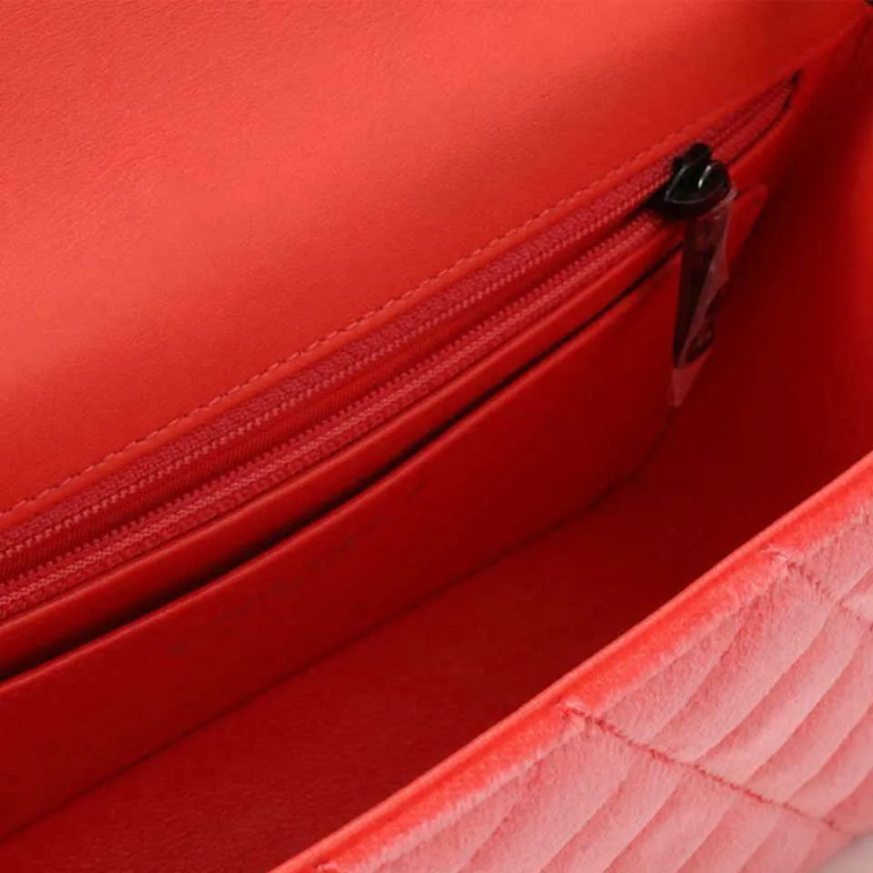 Chanel 2014 Coral Velvet Small Medium So Black CC Classic Flap