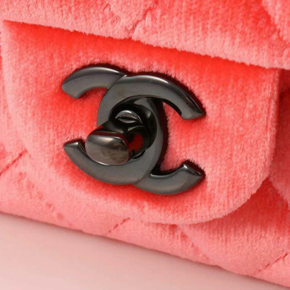 Chanel 2014 Coral Velvet Small Medium So Black CC Classic Flap