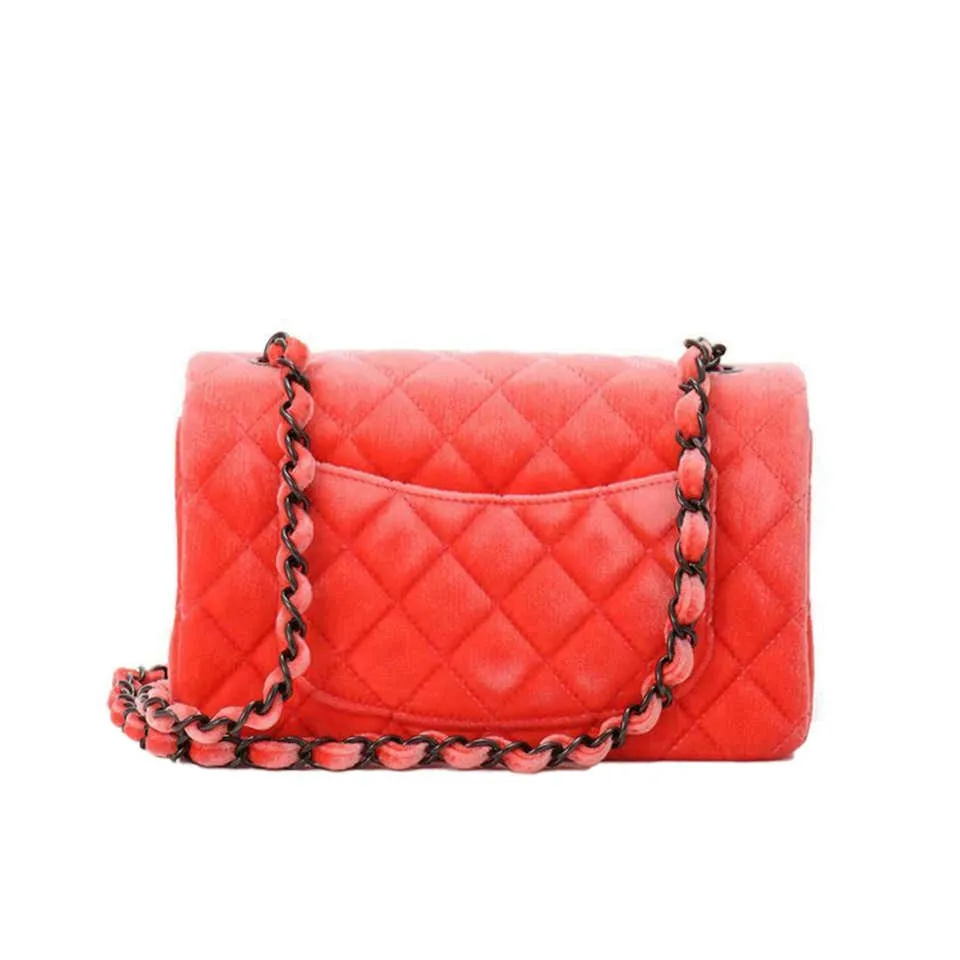 Chanel 2014 Coral Velvet Small Medium So Black CC Classic Flap