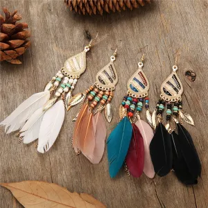 Colorful Feather Vintage Bohemian Fringed water drops earrings temperament wild earrings fairy earrings