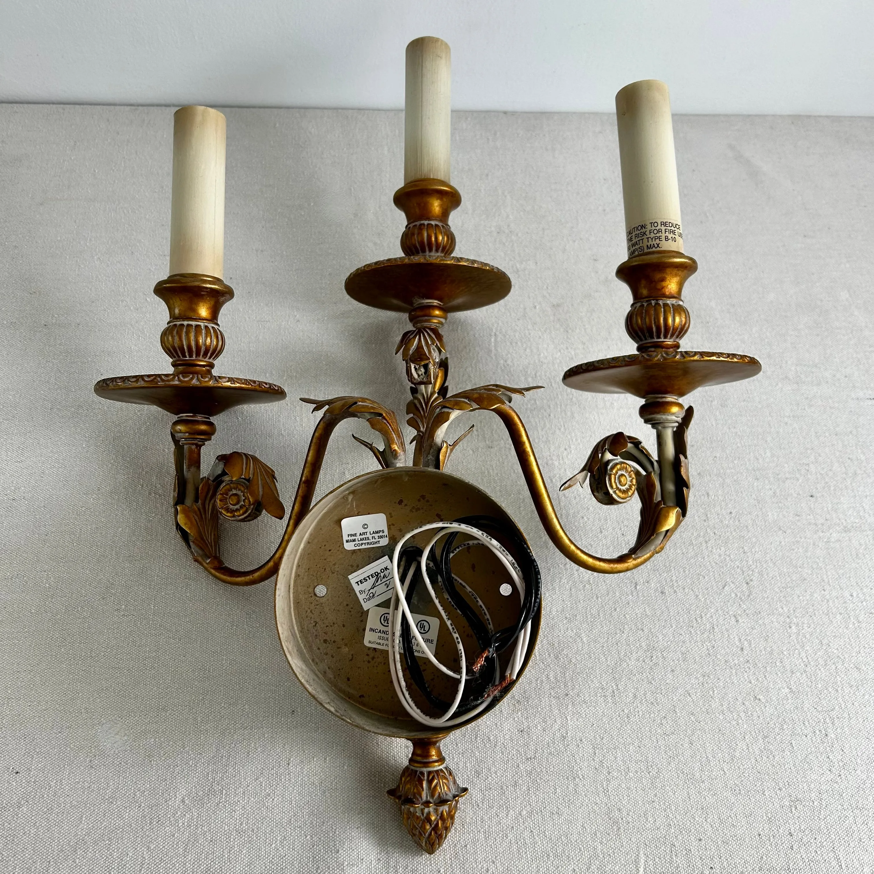 Fine Arts Lamps Wall Sconce, Three Candle Light, Gilt, Ornate