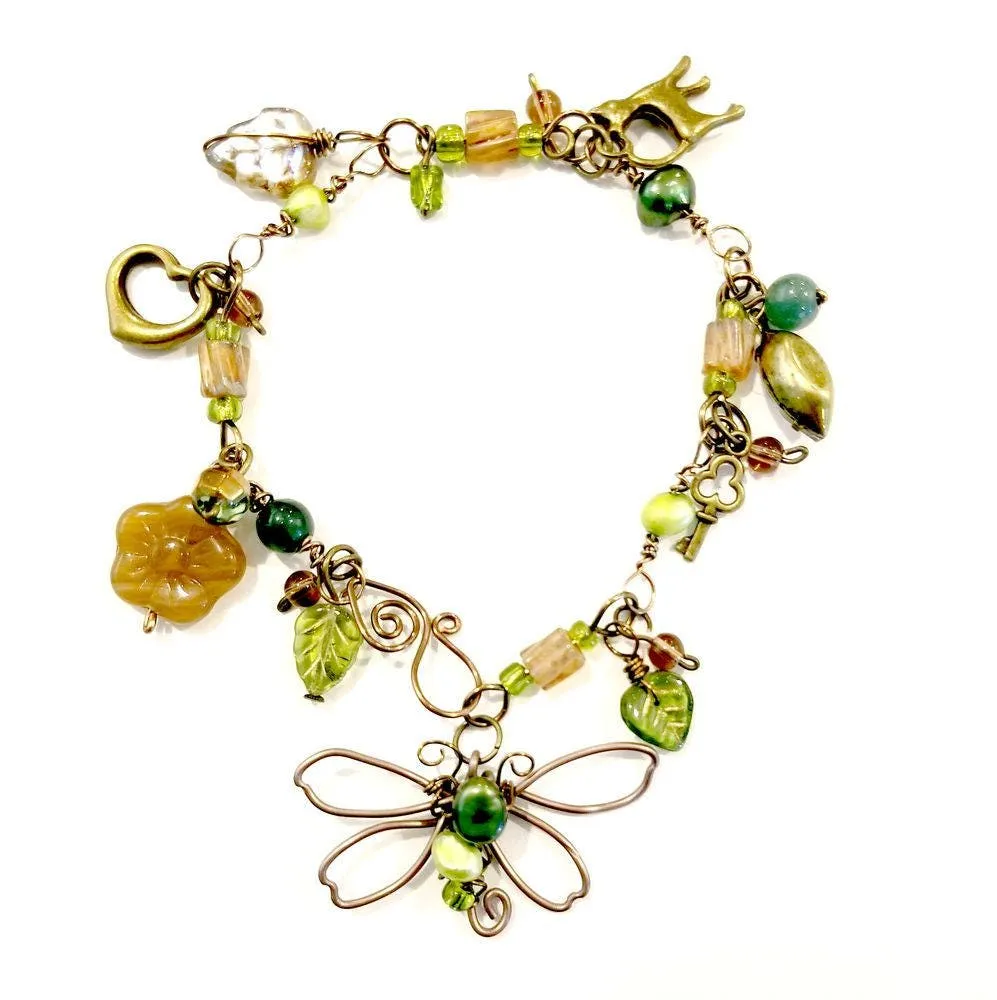 Forest Dragonfly Bracelet in Green and Brown with Glass Beads, Pearls and Metal Charms, Adjustable Length