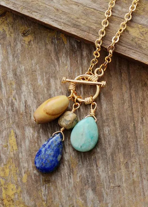 Gold Boho Necklace - Amazonite and Lapis Pendant