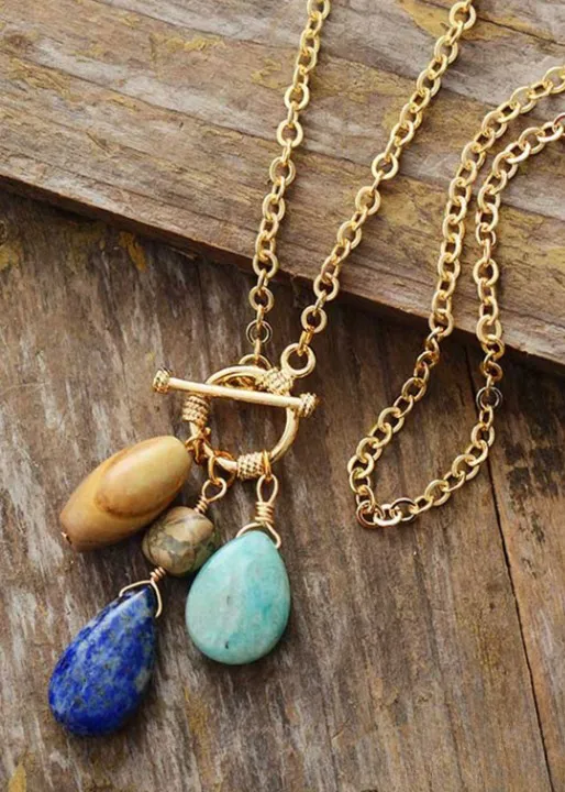 Gold Boho Necklace - Amazonite and Lapis Pendant