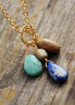 Gold Boho Necklace - Amazonite and Lapis Pendant