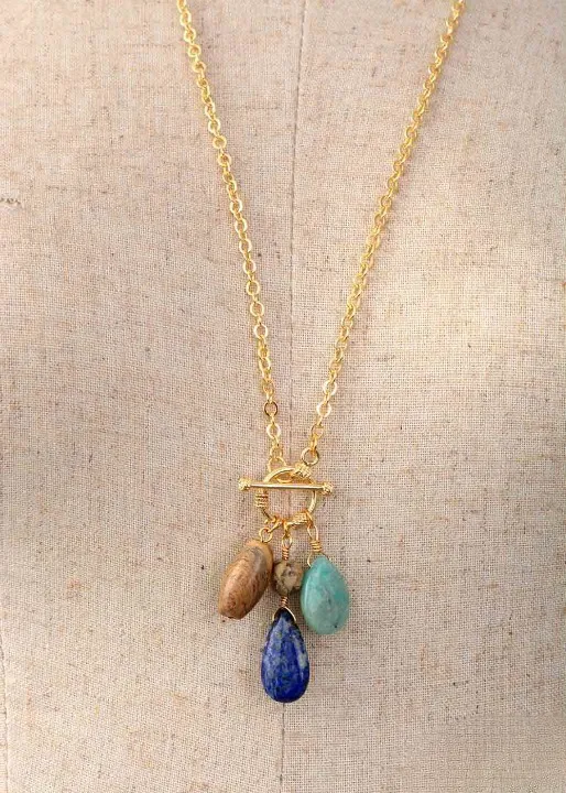 Gold Boho Necklace - Amazonite and Lapis Pendant