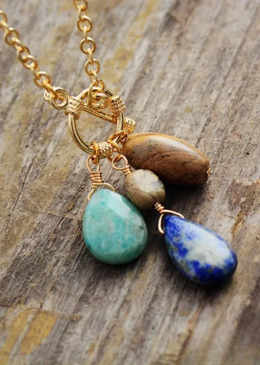 Gold Boho Necklace - Amazonite and Lapis Pendant