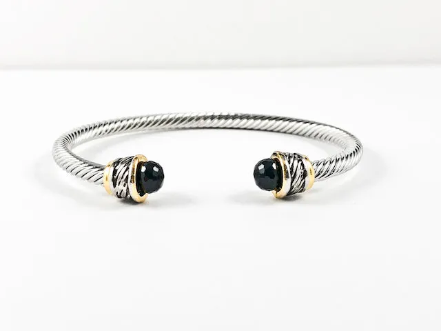 Modern Cable Wire Duo Black Onyx Stone Ends Brass Cuff Bangle