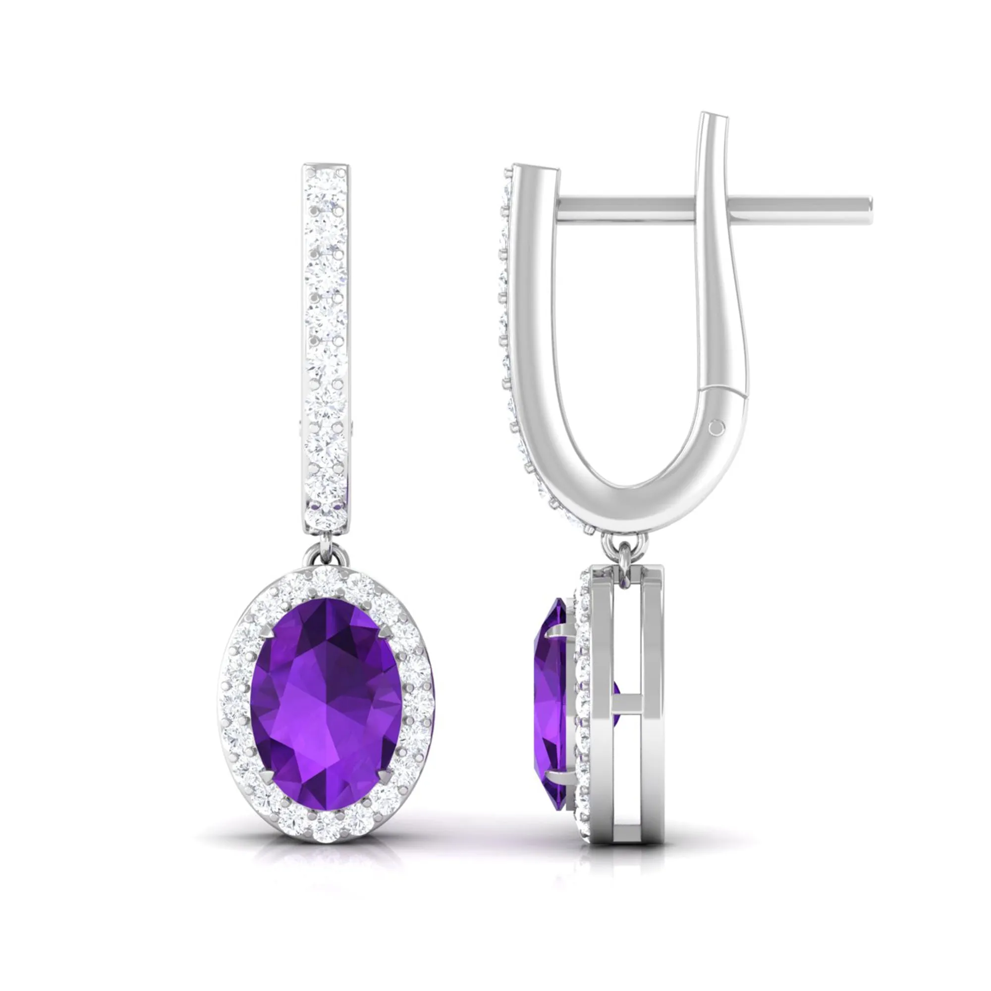 Oval Amethyst Hoop Drop Earrings with Diamond Halo