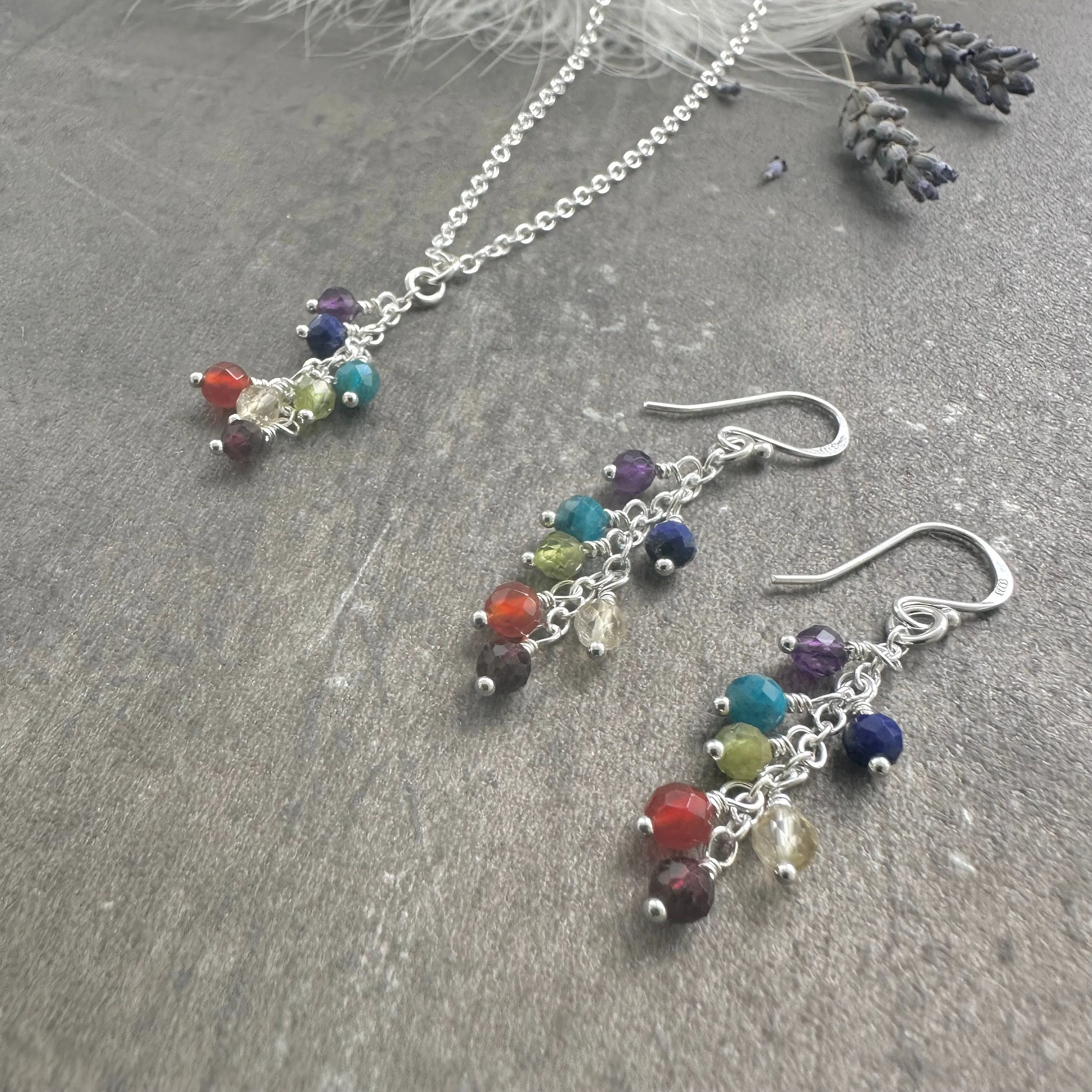 Rainbow Pendant Necklace Earrings Set, Gemstone Jewellery