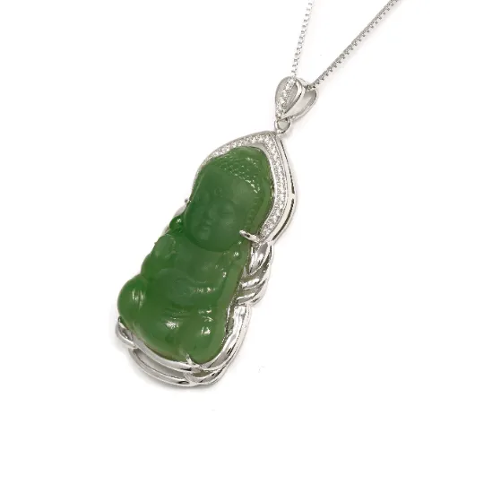 RealJade® Guan Yin Sterling Silver Genuine Nephrite Green Jade GuanYin Baby Buddha  Pendant Necklace