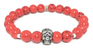 Red Coral Bracelet with Sterling Silver Day of the Dead Skull