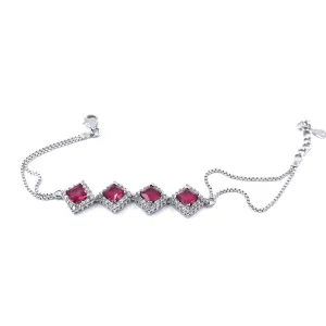 Rhodium Plated Sterling Silver Ruby CZ 4 Square Bracelet