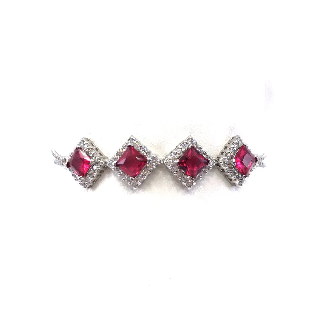 Rhodium Plated Sterling Silver Ruby CZ 4 Square Bracelet