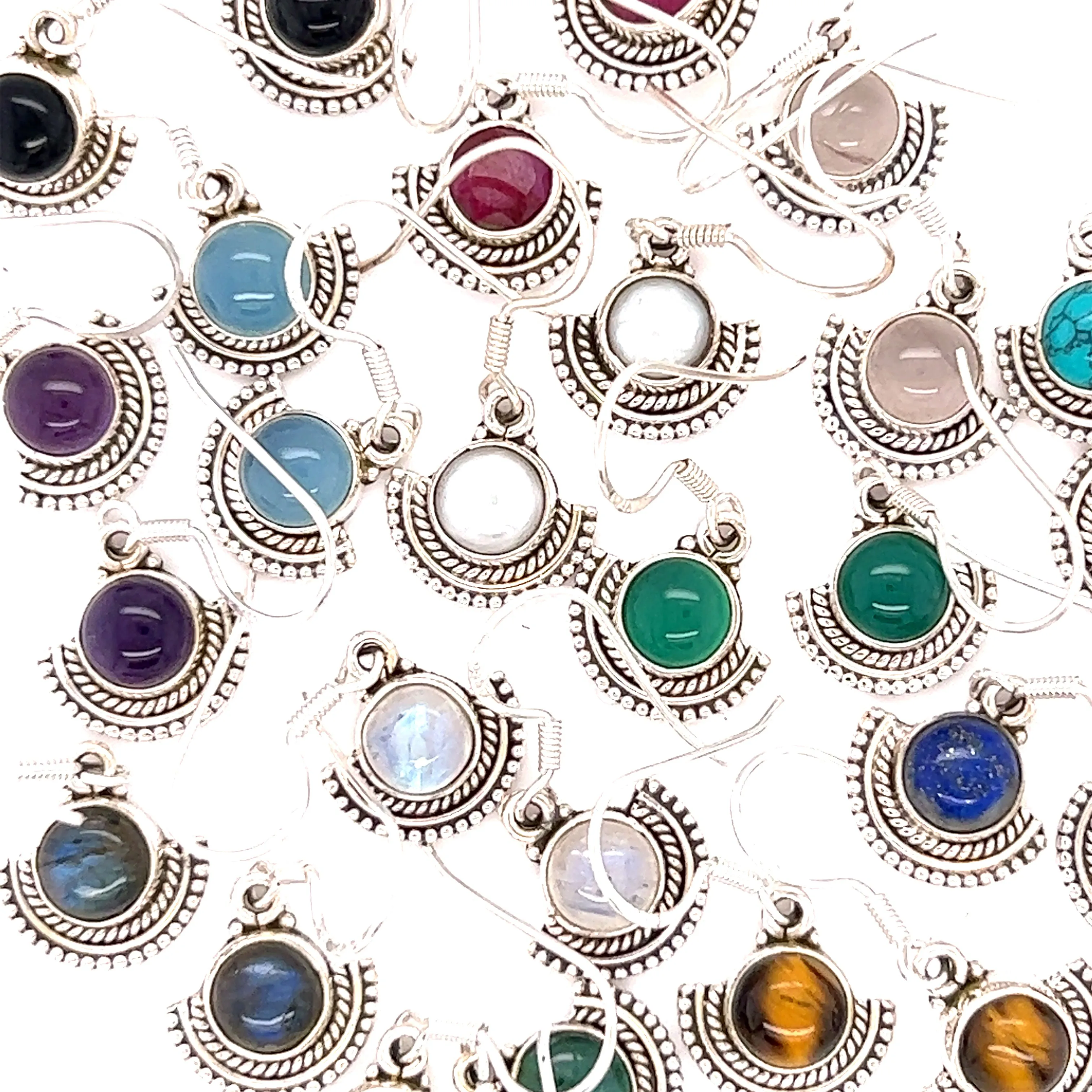 Round Gemstone Earrings with Fan Setting