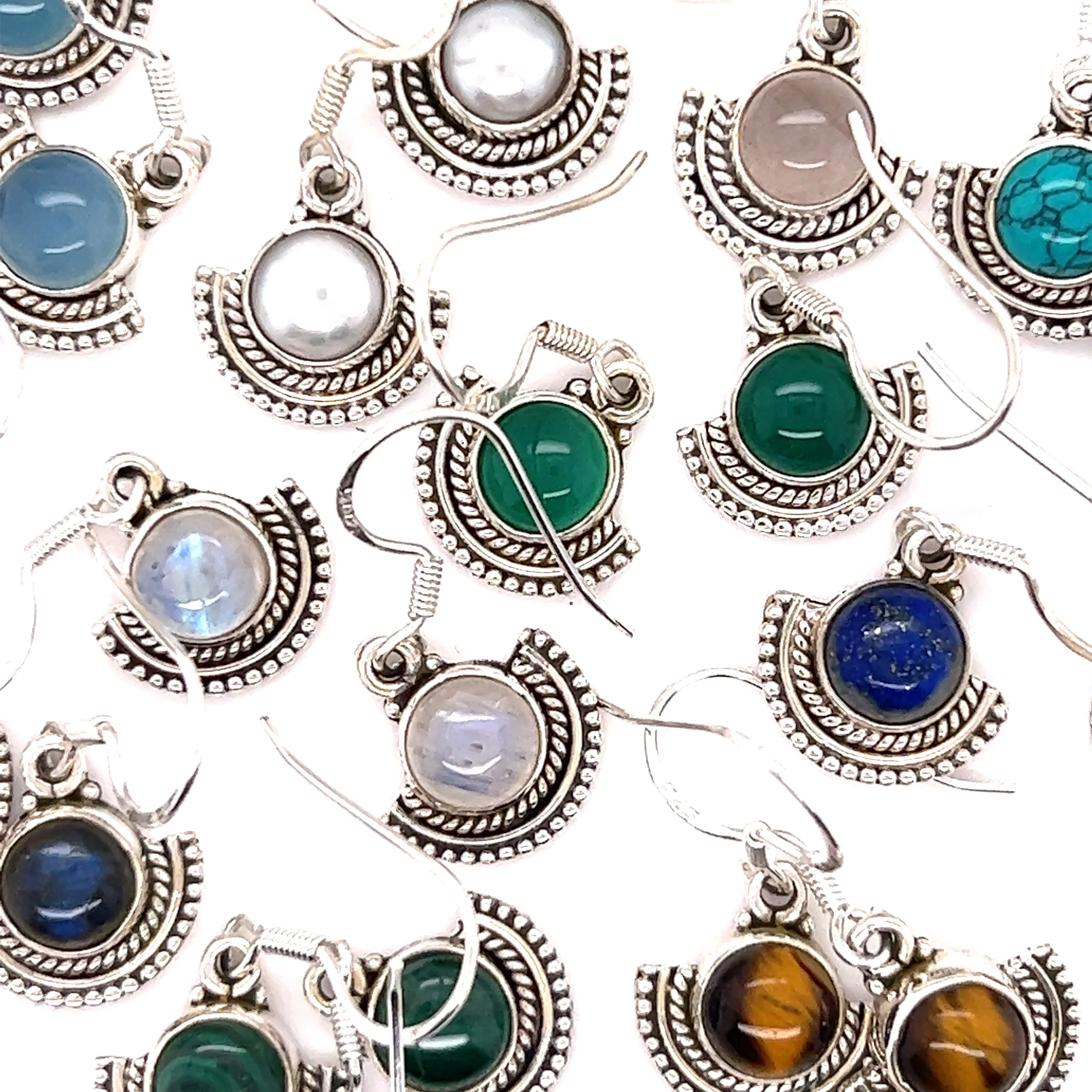 Round Gemstone Earrings with Fan Setting