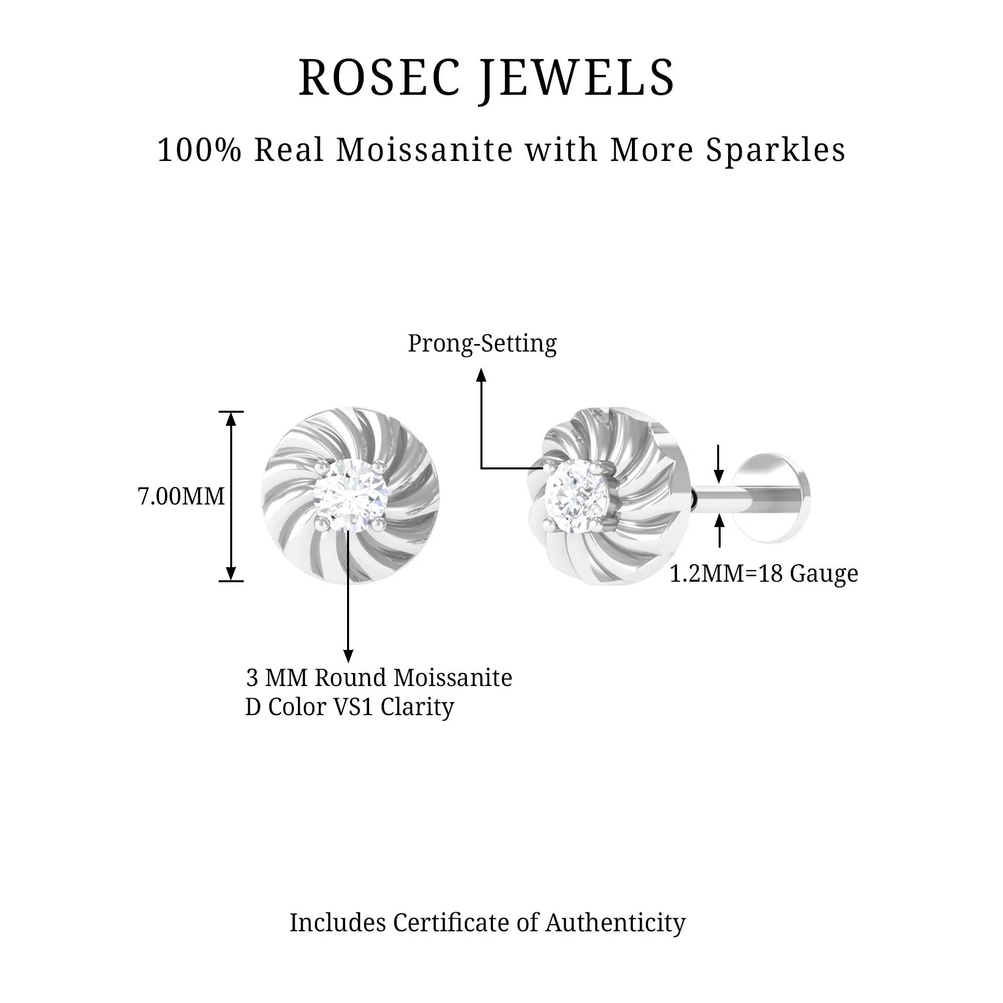 Round Moissanite Gold Swirl Earring for Helix Piercing