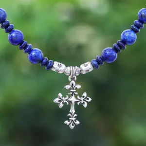 Sky and Sea Cross Handmade Lapis Lazuli Beaded Pendant Necklace