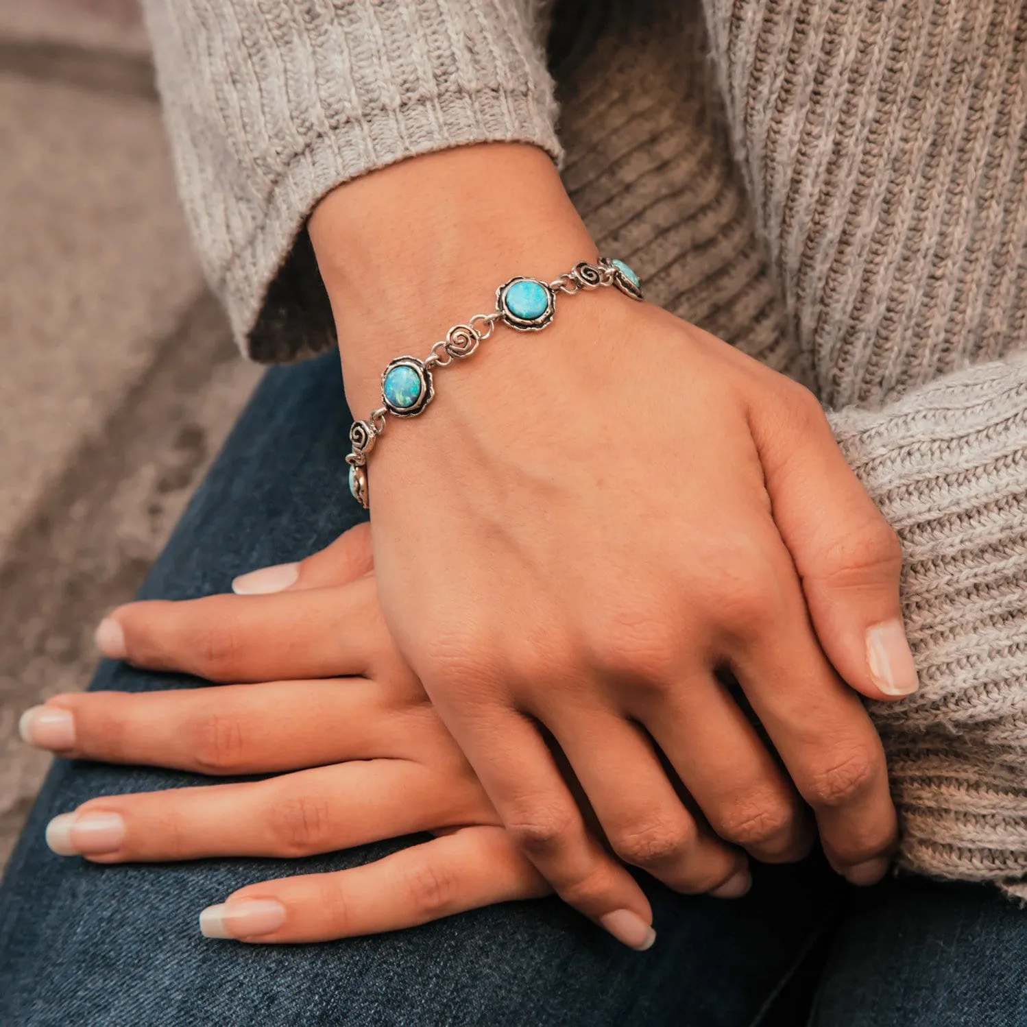 SPIRA Opal Silver Bracelet Handcrafted 925 Sterling Silver Blue Opal Chain & Link Silver Gold Bracelet Fast Free Shipping!Boho Chic Bracelet