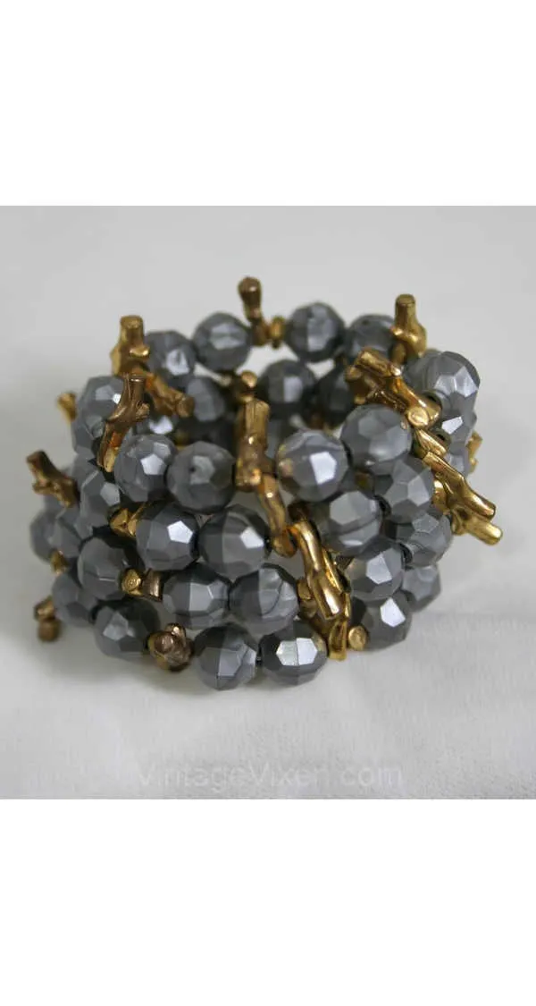 Steel & Gold Aquatic Style Coil Bracelet - Spring - Metallic Gray 1950s Rockabilly Resort Chic - Coral Look - Glamour Girl - 40241-1
