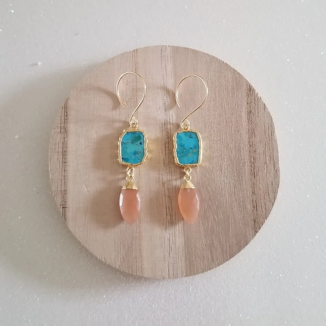 Turquoise and Peach Moonstone Earrings, Modern Bohemian Gemstone Earrings