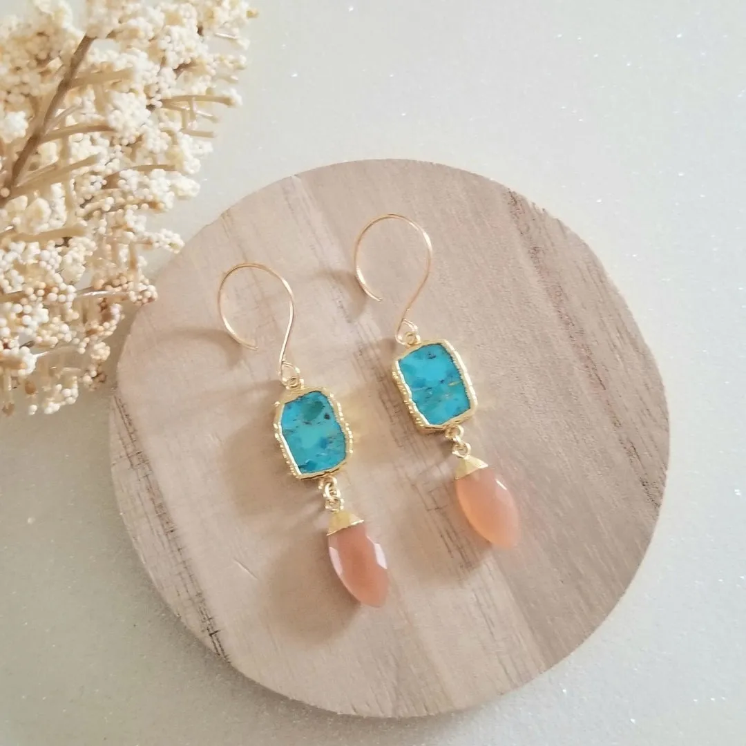 Turquoise and Peach Moonstone Earrings, Modern Bohemian Gemstone Earrings