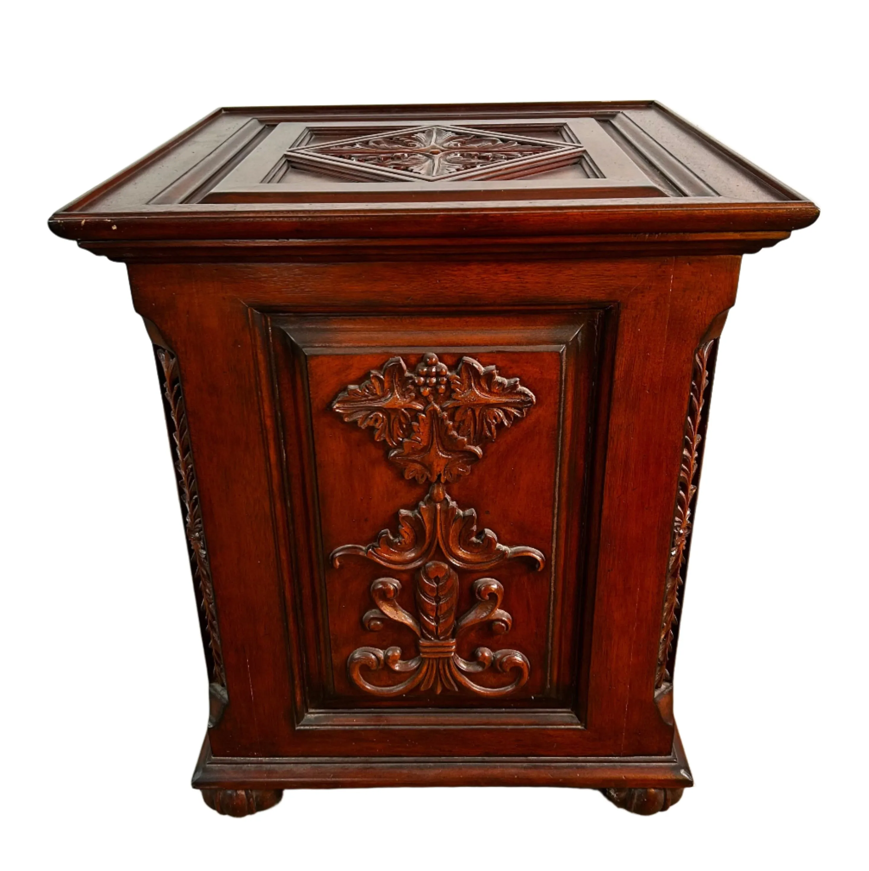 Wood Cabinet, End Cabinet, Red Toned, Ornately Carved