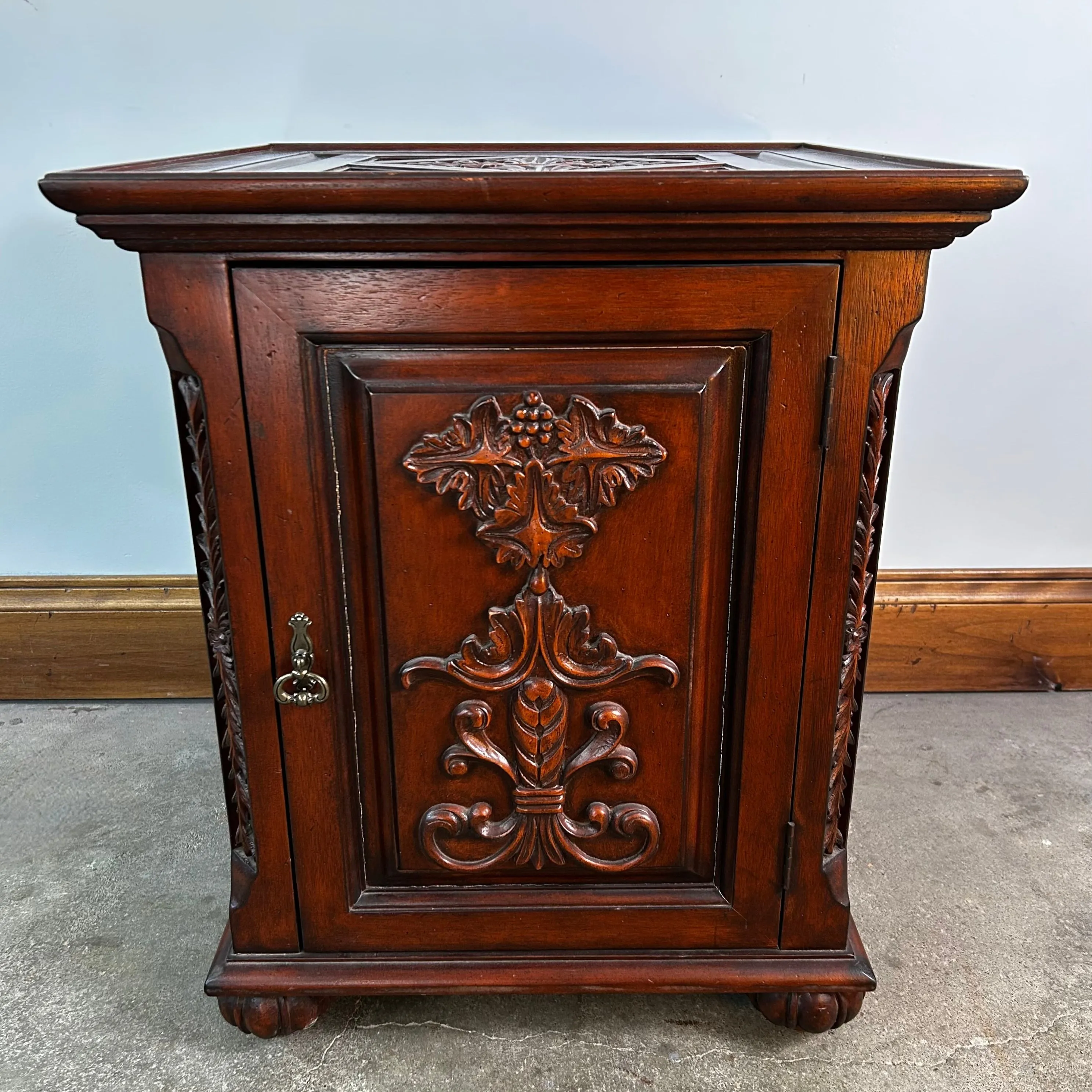 Wood Cabinet, End Cabinet, Red Toned, Ornately Carved