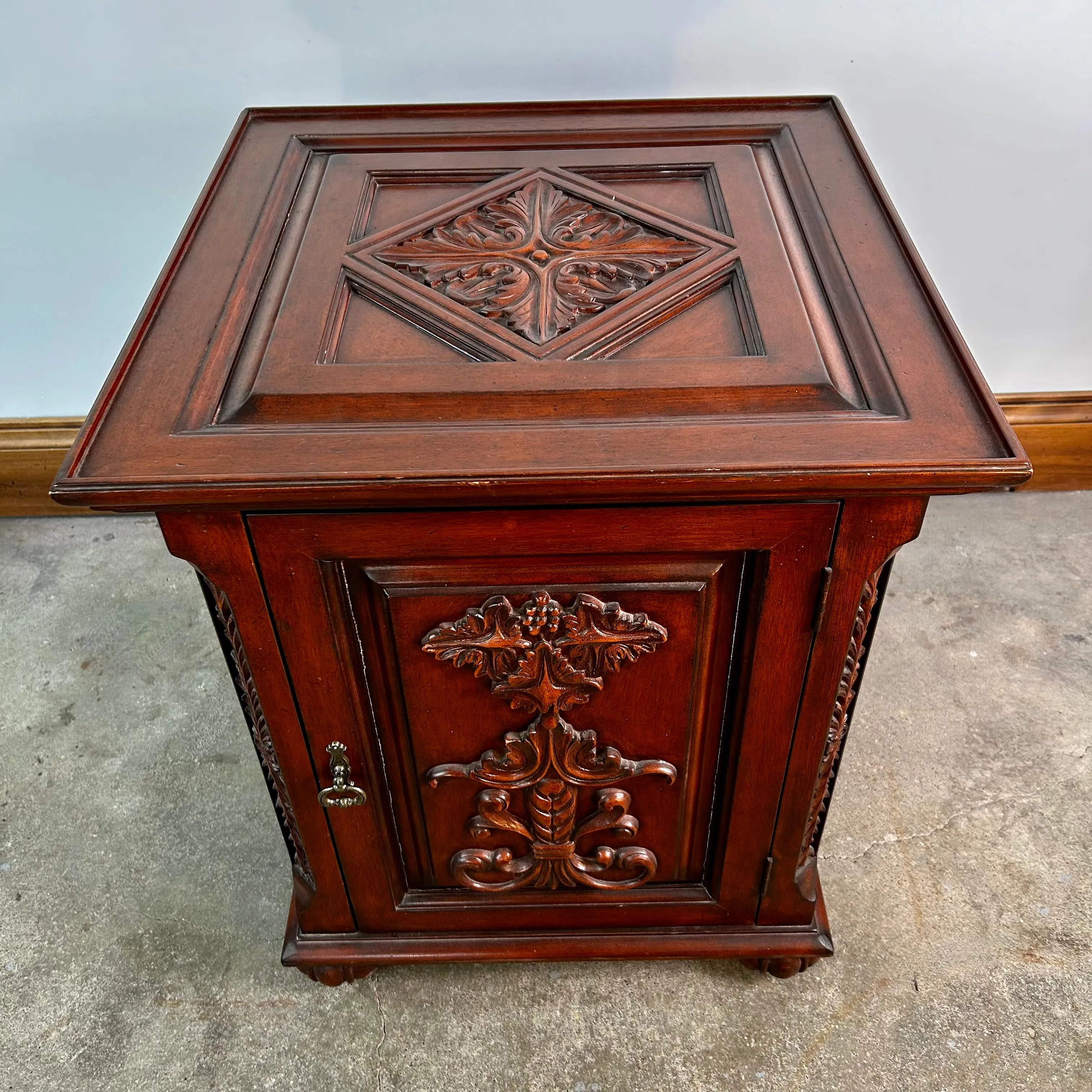 Wood Cabinet, End Cabinet, Red Toned, Ornately Carved