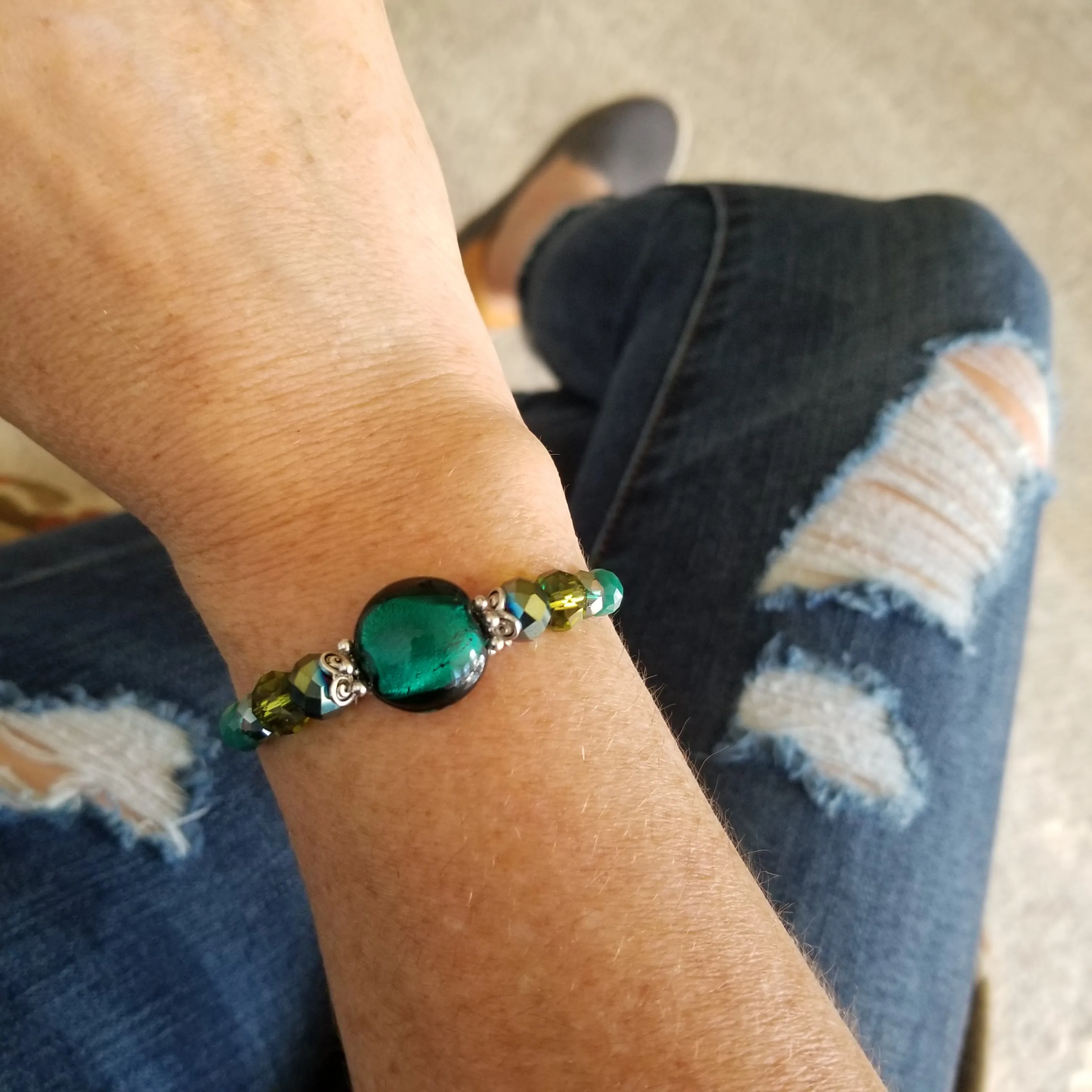 Wrap Bracelet - Emerald Green Silver Foil Glass