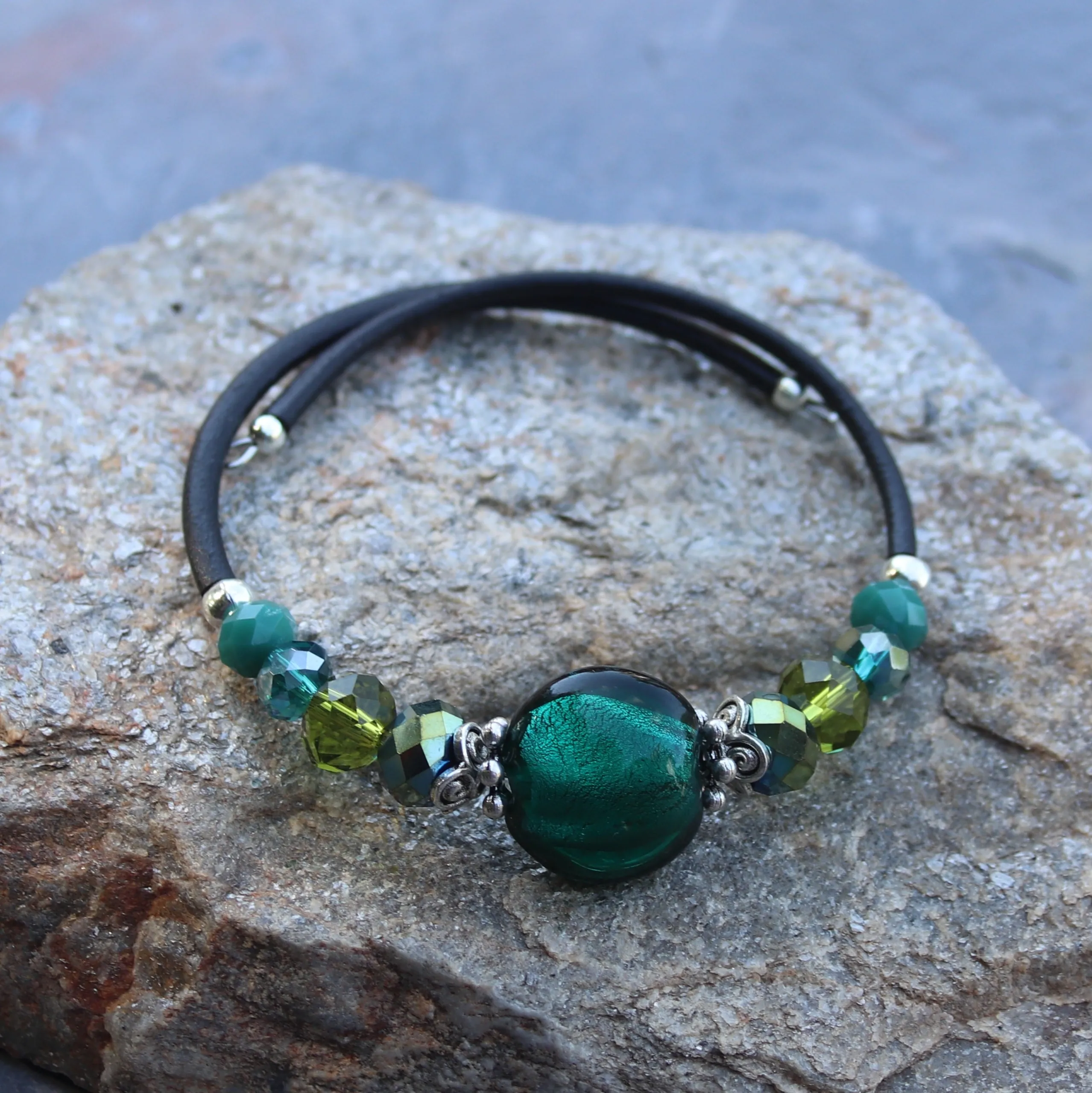Wrap Bracelet - Emerald Green Silver Foil Glass